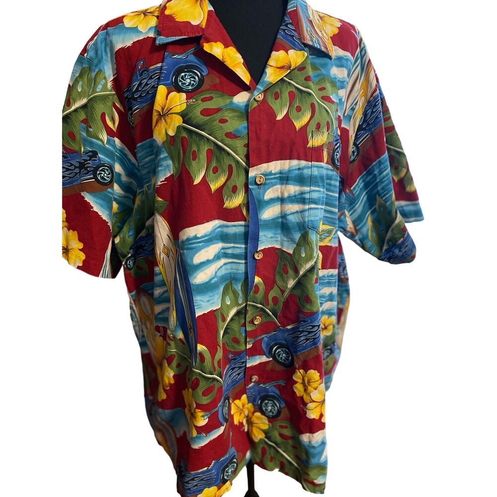 Vintage 90s RJC Hot Rod Tropical Print‎ Cotton Dress Shirt 2XL made in Hawaii